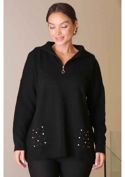 Cepleri Taş Işlemeli Siyah Kadın Kazak 5220-2K5 modelleri