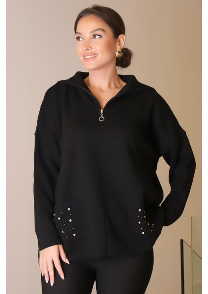 Cepleri Taş Işlemeli Siyah Kadın Kazak 5220-2K5 fırsatları