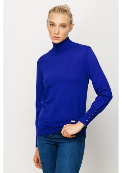 Süs Düğmeli Triko Saks Kadın Kazak 27503-2K4