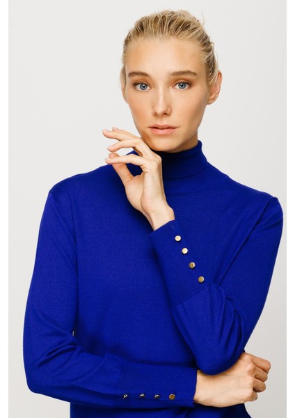 Süs Düğmeli Triko Saks Kadın Kazak 27503-2K4 modelleri