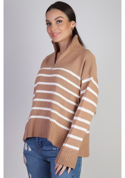 Fermuar Yakalı Uzun Kollu Bej Kadın Kazak 3823-2K3