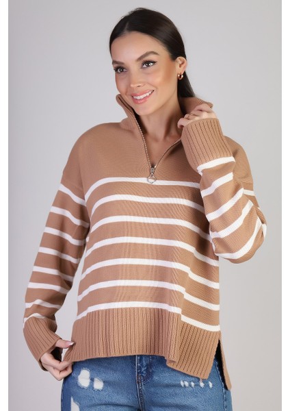 Fermuar Yakalı Uzun Kollu Bej Kadın Kazak 3823-2K3 fiyatları