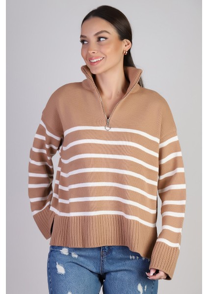 Fermuar Yakalı Uzun Kollu Bej Kadın Kazak 3823-2K3 modelleri