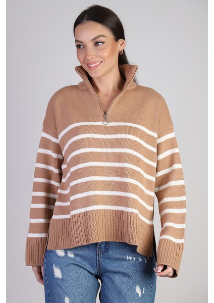 Fermuar Yakalı Uzun Kollu Bej Kadın Kazak 3823-2K3 fırsatları