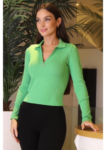 V Yakalı Triko Yeşil Kadın Kazak 3739-2K3
