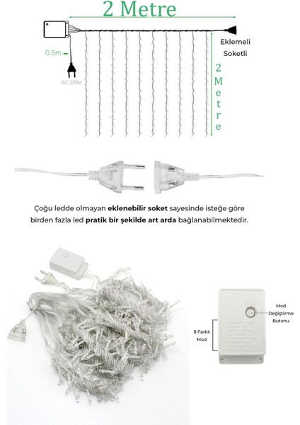 2x2 Metre 144 Ledli 10 Saçaklı Perde LED Işıklar Animasyonlu Kumandalı Fişli - Günışığı