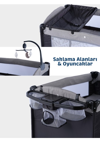 - Sallanabilir Anne Yanı Park Yatak ve Oyun Parkı Full Set - Siyah/Gri