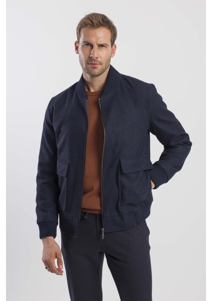 Lacivert Comfort Fit Kolej Yaka Çizgili Mont
