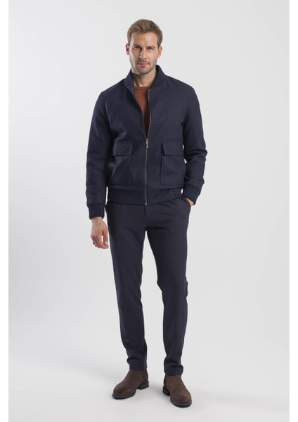 Lacivert Comfort Fit Kolej Yaka Çizgili Mont