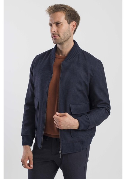 Lacivert Comfort Fit Kolej Yaka Çizgili Mont