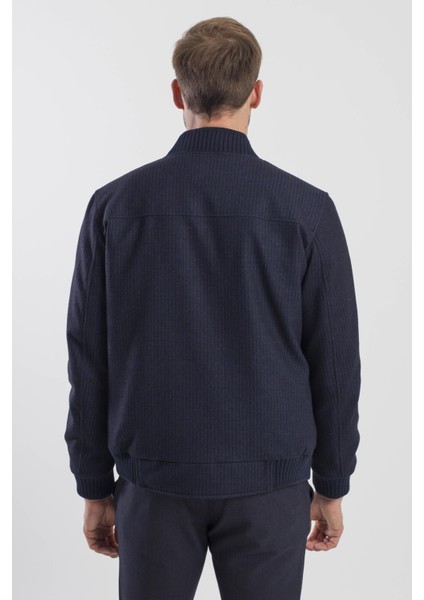 Lacivert Comfort Fit Kolej Yaka Çizgili Mont