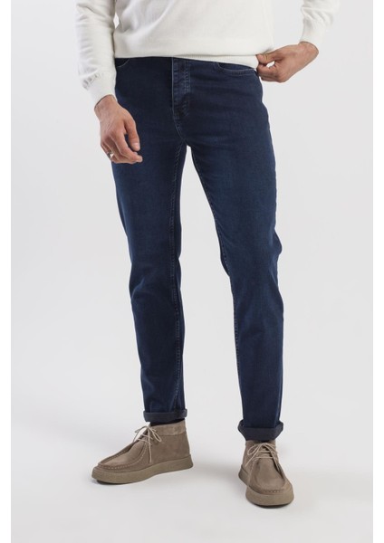 Koyu Lacivert Slim Fit Yıkamalı Pamuklu Jean Kot Pantolon