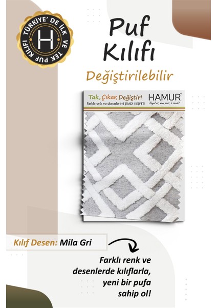 Yıkanabilir Puf Tabure Kılıfı Tak-Çıkar-Değiştir-Yenile Orta Sehpa Kılıfı By Mila Gri