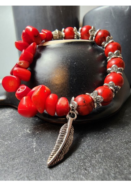 Kırık ve Sıkma Kırmızı Mercan Orjinal Doğal Taş Kadın Bileklik Model-2 / Cilt Güzelliği, Sevgi, Denge, Sağlık