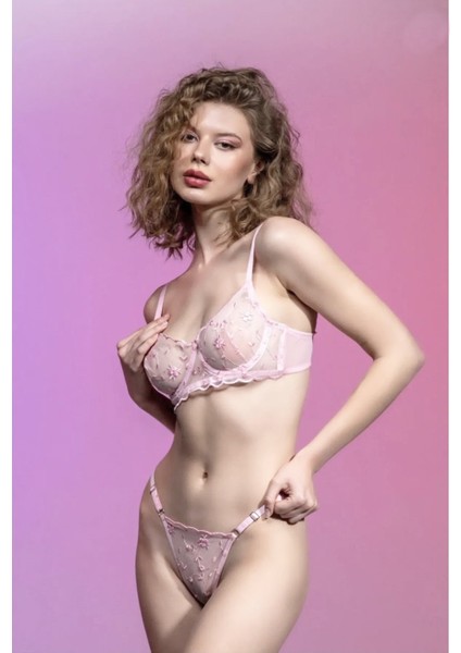 Brode Toz Pembe Çiçek Detaylı Tül Sütyen Takım fiyatları
