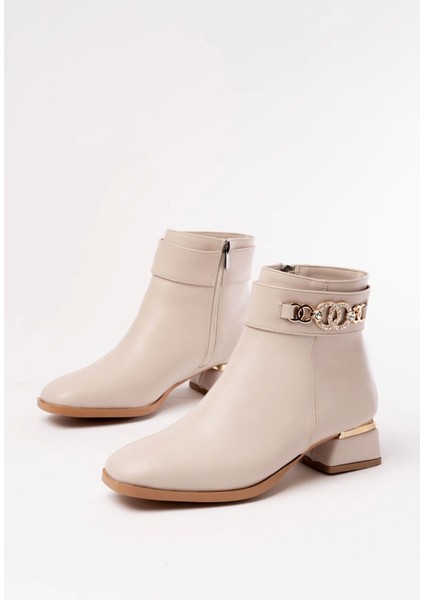 RM-502 Bej Toka Aksesuarlı Topuklu Fermuarlı Günlük Kadın Bot modelleri