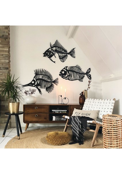 Fishbones (Kılçık) Metal Duvar Dekoru | Modern Endüstriyel Stil | Iç ve Dış Mekan Kullanımı | Piranha "a": 80CM x 40CM Triggerfish "b": 79CM x 54CM Butterflyfish "c": 87M x 62CM