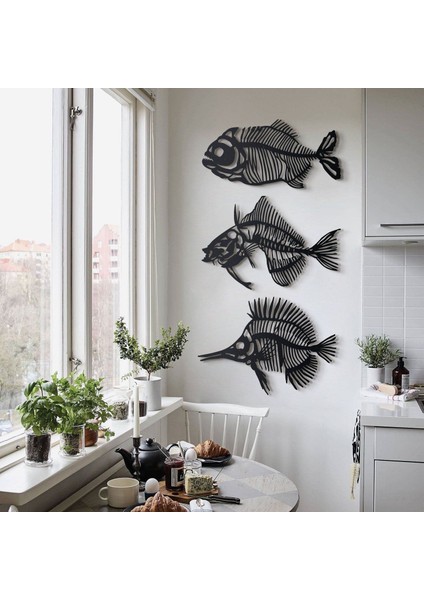 Fishbones (Kılçık) Metal Duvar Dekoru | Modern Endüstriyel Stil | Iç ve Dış Mekan Kullanımı | Piranha "a": 80CM x 40CM Triggerfish "b": 79CM x 54CM Butterflyfish "c": 87M x 62CM