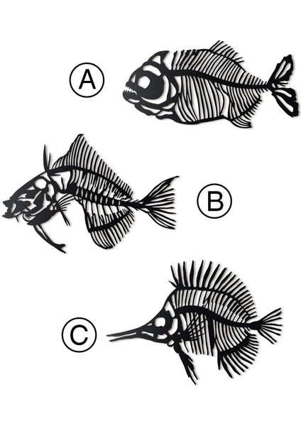 Fishbones (Kılçık) Metal Duvar Dekoru | Modern Endüstriyel Stil | Iç ve Dış Mekan Kullanımı | Piranha "a": 80CM x 40CM Triggerfish "b": 79CM x 54CM Butterflyfish "c": 87M x 62CM