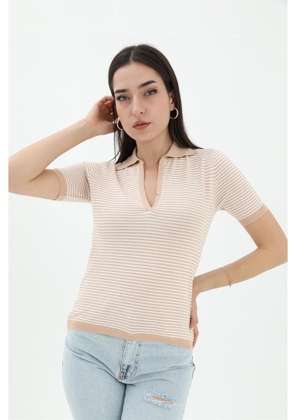 Ince Çizgili Polo Yaka Triko Kazak - Camel
