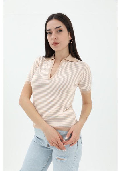 Ince Çizgili Polo Yaka Triko Kazak - Camel fiyatları