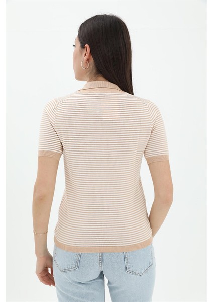 Ince Çizgili Polo Yaka Triko Kazak - Camel modelleri