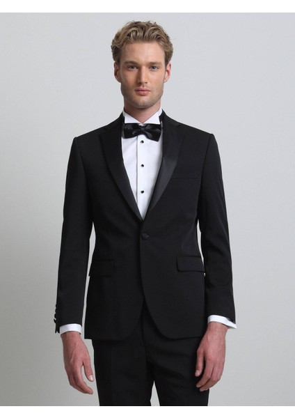 Siyah Slim Fit Kelebek Yaka Dokuma Smokin Takım Elbise