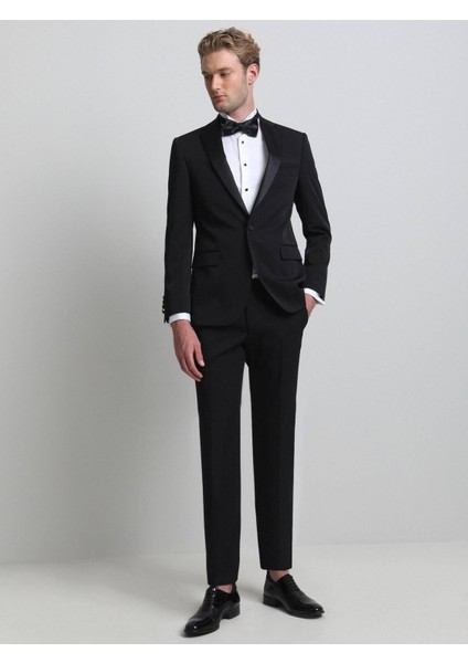 Siyah Slim Fit Kelebek Yaka Dokuma Smokin Takım Elbise