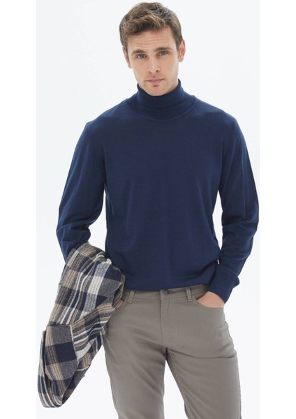 İndigo Tam Balıkçı Yaka Düz Örgü Yün Karışımlı Triko Kazak