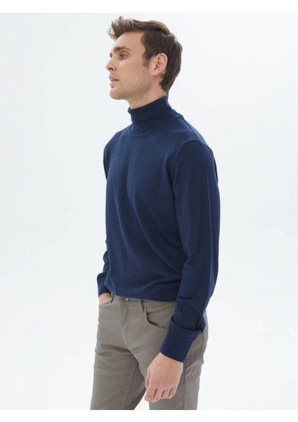 İndigo Tam Balıkçı Yaka Düz Örgü Yün Karışımlı Triko Kazak fırsatları
