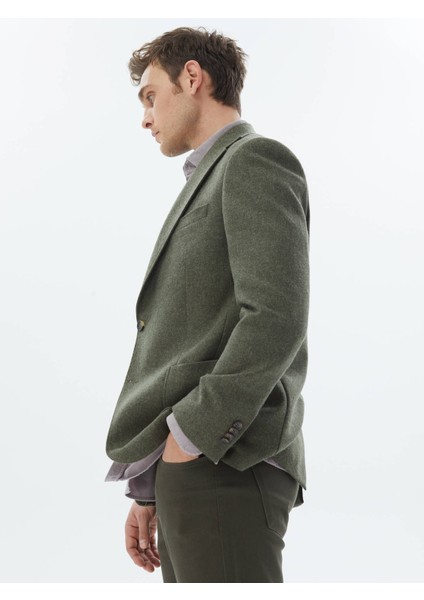 Yeşil Düz Comfort Fit Yün Karışımlı Ceket