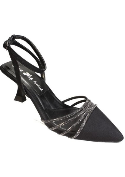 Kadın Siyah Ten Üzeri ve Yanları Çapraz Taşlı 5cm Kadeh Topuk Düğün Nişan Abiye Ayakkabı