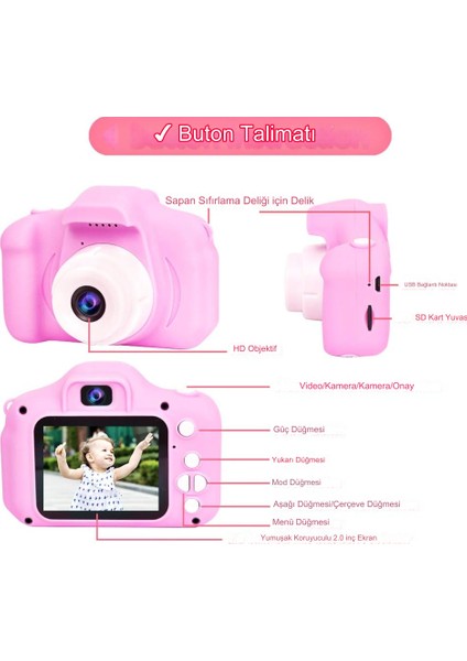 Çocuk Dijital Fotoğraf Makinası 20 Mp Video Kaydedici 2.0 Inç Kamera
