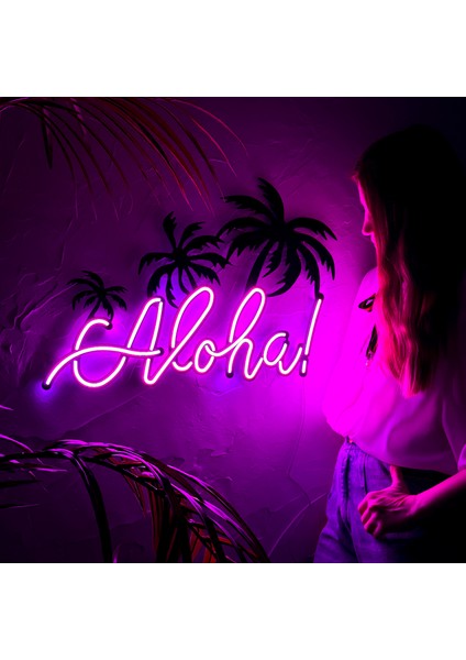 Aloha Neon Duvar Yazısı | Modern ve Şık Metal Üzerine Neon Duvar Süsü Pembe LED | 65.5 cm x 44.2 cm