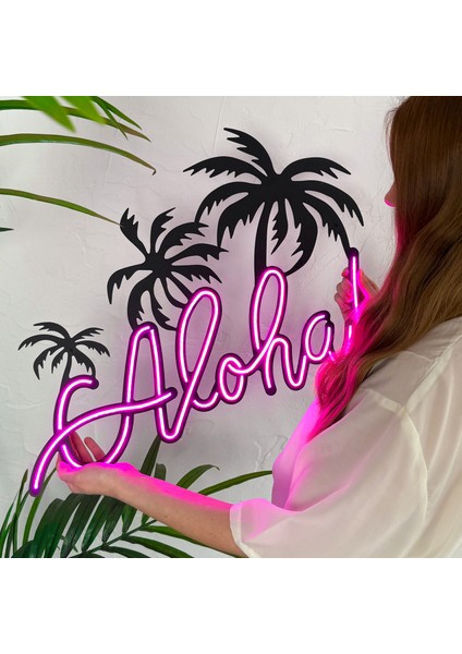 Aloha Neon Duvar Yazısı | Modern ve Şık Metal Üzerine Neon Duvar Süsü Pembe LED | 65.5 cm x 44.2 cm