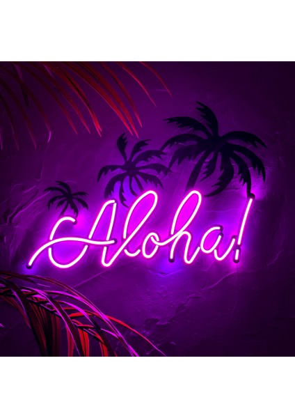 Aloha Neon Duvar Yazısı | Modern ve Şık Metal Üzerine Neon Duvar Süsü Pembe LED | 65.5 cm x 44.2 cm