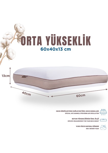 Pamuk Kılıflı Medium Visco Ortopedik Yastık, Kahverengi, 60X40X13 cm