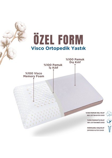 Pamuk Kılıflı Medium Visco Ortopedik Yastık, Kahverengi, 60X40X13 cm