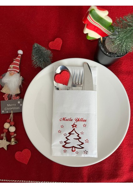 Kırmızı Yaldızlı Beyaz Mutlu Yıllar Cepli Aır Touch Peçete 12 Lı 40X40
