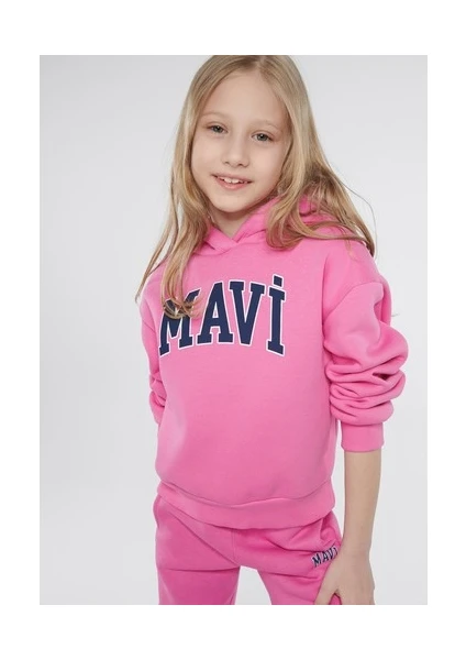 Çocuk Mavi Logo Baskılı Kapüşonlu Pembe Sweatshirt 7610035-70982