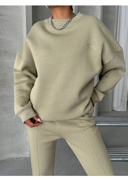 TKM-03635 Haki Style Yazı Baskılı Oversize Sweatshirt Çimalı Eşofman Üç Iplik Şardonlu Ikili Takım