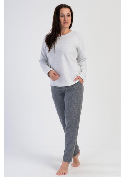 Kadın Büyük Beden Jakarlı Uzun Kol Gri Pijama Takım C9T2N0O204