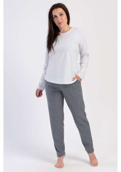 Kadın Büyük Beden Jakarlı Uzun Kol Gri Pijama Takım C9T2N0O204
