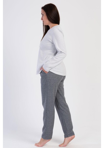 Kadın Büyük Beden Jakarlı Uzun Kol Gri Pijama Takım C9T2N0O204