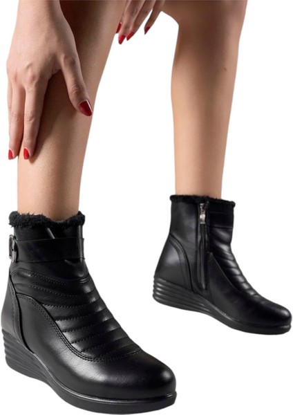 Kadın Fermuarlı Kürklü Soğuk Geçirmez Hafif Kaydırmaz Taban Bot (36-42 Numara) Siyah fırsatları