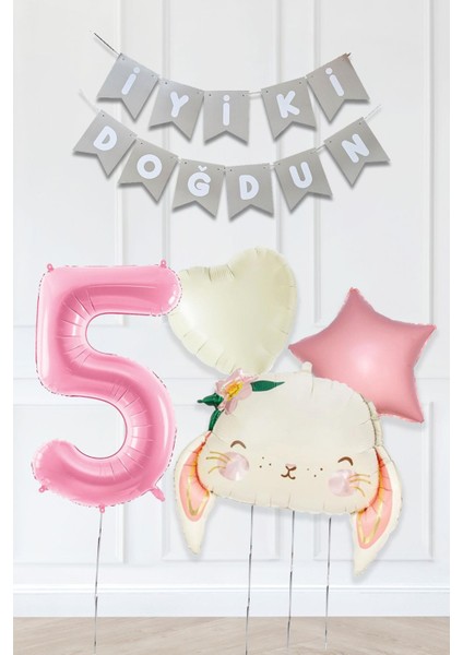 Pembe Soft Renkler Iyi Ki Doğdun Banner Pembe Yaş Balon Tavşan Doğum Günü Balon Seti