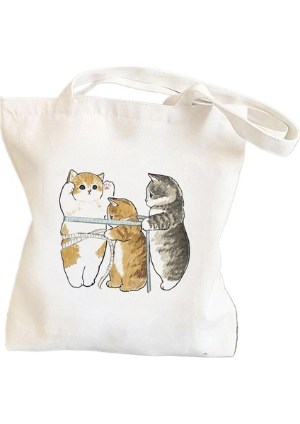 Lingyinteng Bisiklete Binen Kedi, Sevimli ve Sevimli Baskılı Kanvas Çanta, Omuz Çantası, Öğrenci Çantası, Alışveriş Çantası (Yurt Dışından)