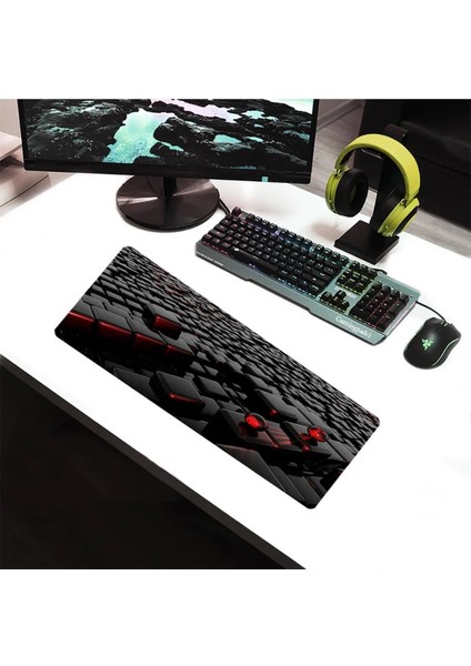 ALKESE 70X30 cm Redblack Desenli Dikişli Kaydırmaz Tabanlı Oyuncu Mouse Pad