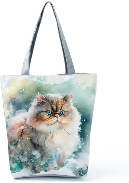 Lingyinteng Sevimli Suluboya Kedi Baskı Çanta Büyük Kapasiteli Gündelik Kadın Çanta Güzel Karikatür Alışveriş Çantası Katlanabilir Seyahat Plaj Çantası (Yurt Dışından)