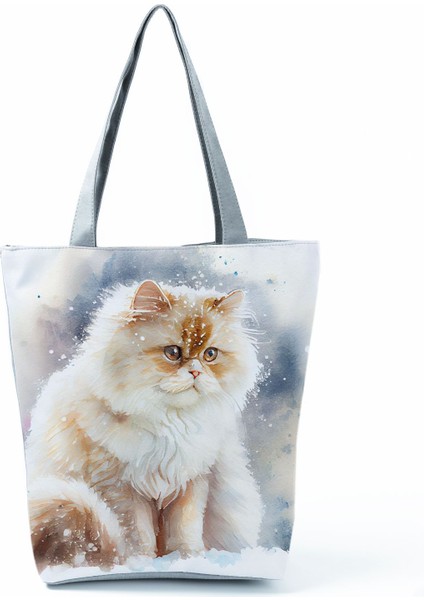 Lingyinteng Sevimli Suluboya Kedi Baskı Çanta Büyük Kapasiteli Gündelik Kadın Çanta Güzel Karikatür Alışveriş Çantası Katlanabilir Seyahat Plaj Çantası (Yurt Dışından)